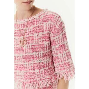Chanel 24P Pink White Knit Frayed Tweed CC Logo Short Sleeve Pullover Top 38